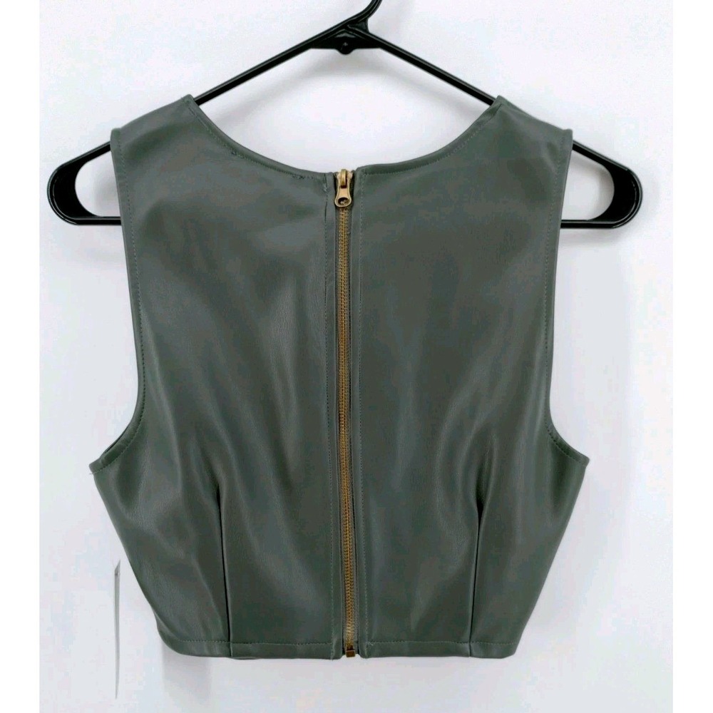 NWT Kirious Womens Faux Leather Crop Top Olive Green Sleeveless Back Zip Large - Picture 2 of 8